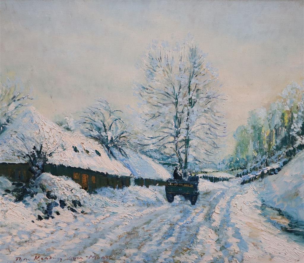 Tom Keating after Claude Monet La Charette, Route sous la neige à Honfleur 20 x 24in.